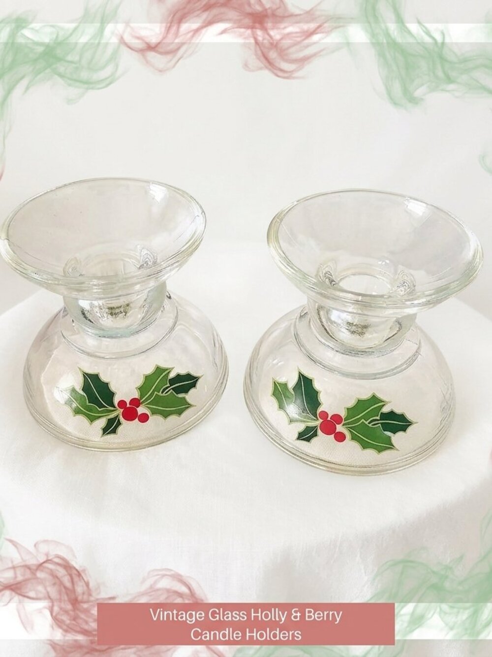 2pc Avon Holiday Hostess Glass Candle Holder Set, Holly Berry, Vintage